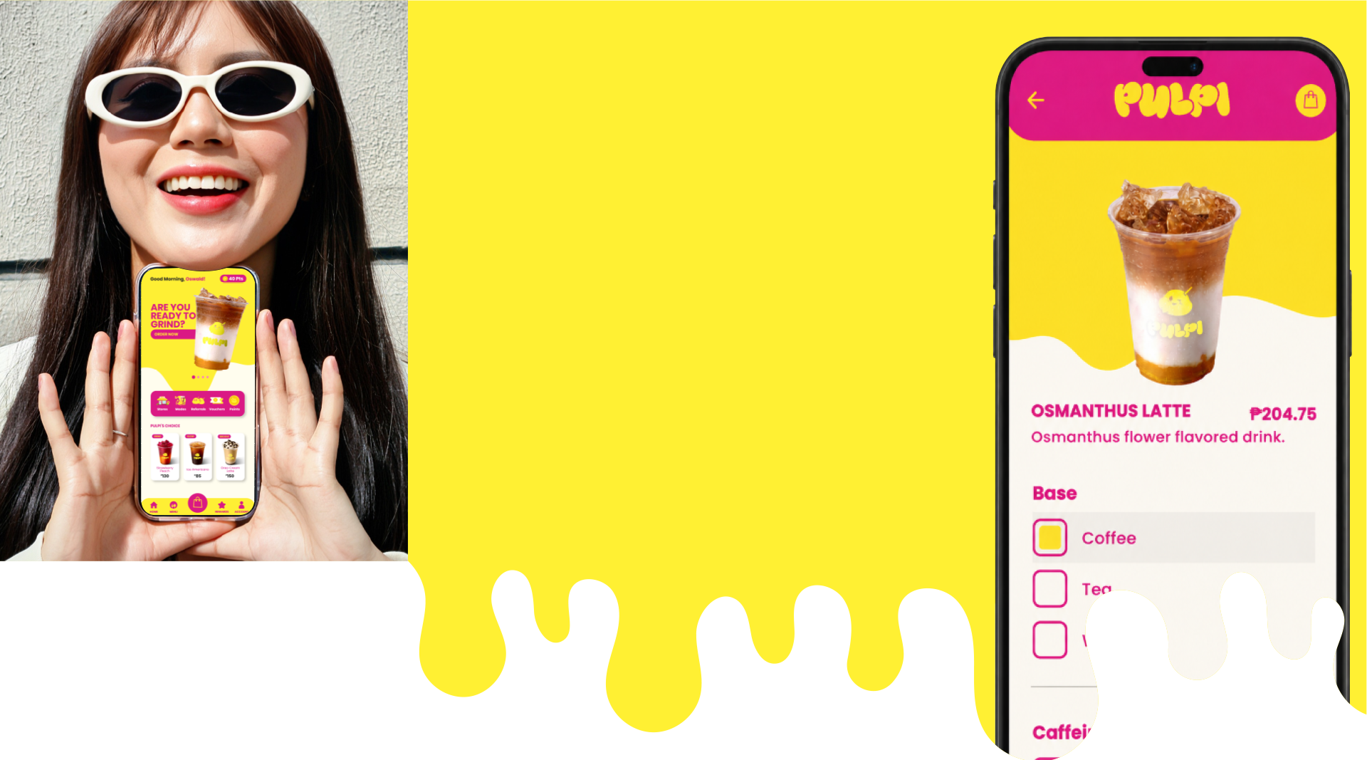 Pulpi app experience with a customer holding a phone and an Osmanthus Latte order screen