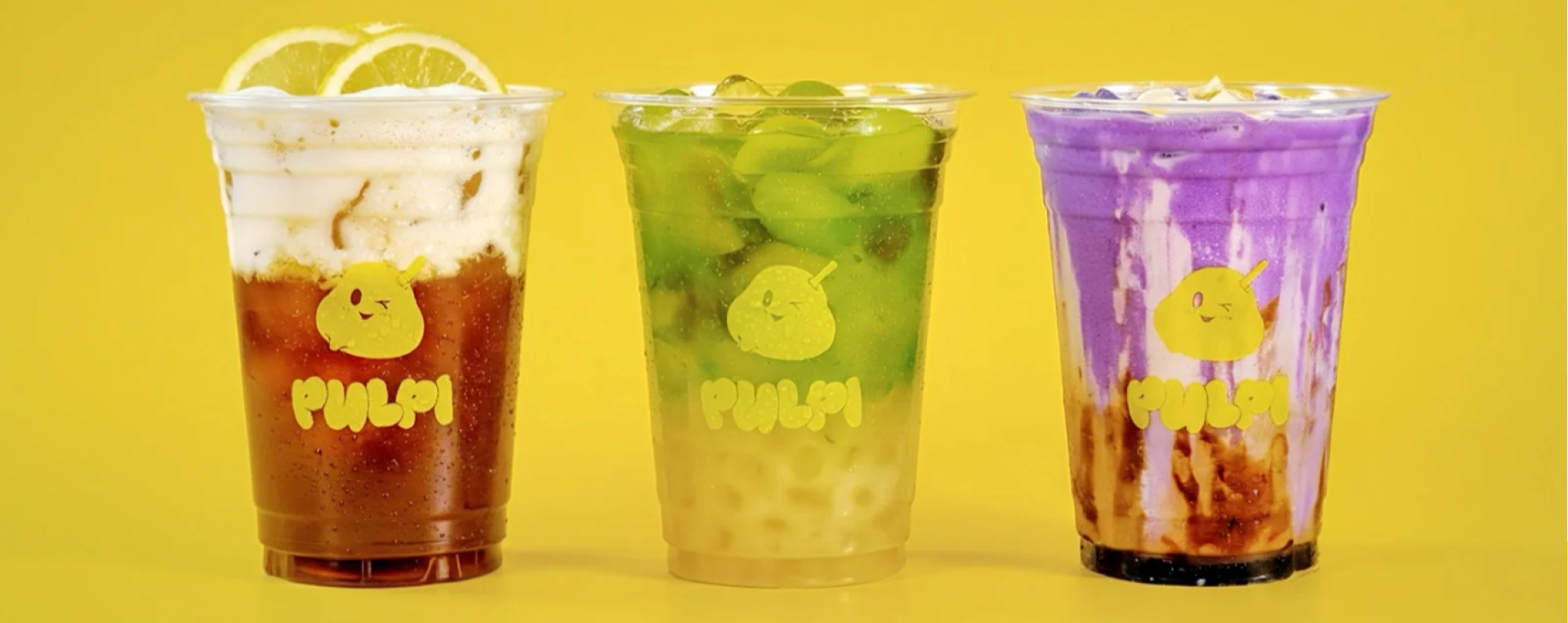 Three Pulpi iced drinks on a yellow background