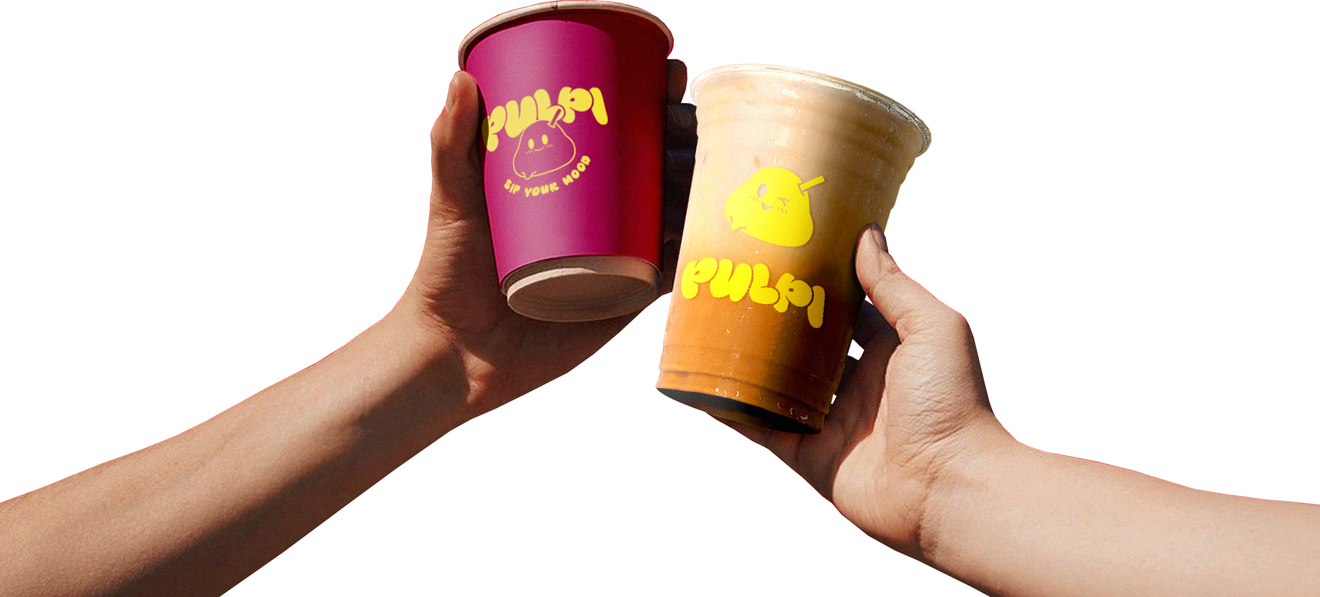 Two Pulpi drinks held up on a yellow background